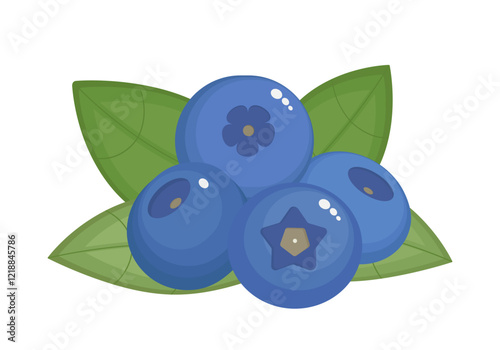 Blueberry isolated on a white background. Blue berries and green leaves in flat style. Vector illustration, colored icon, design element.