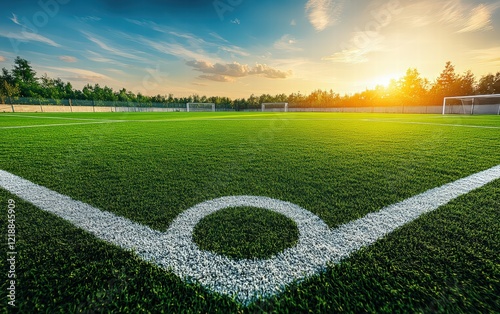 Sunset over a vibrant green soccer field, ready for the big game!