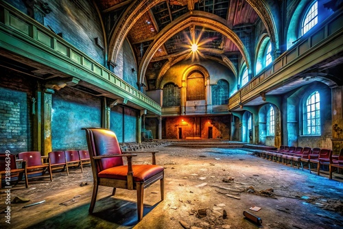 Abandoned Gary Indiana Church: Lonely Chair on Creepy Stage, Ghostly Theatre photo