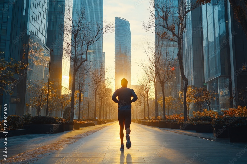 Obraz premium Morning runner in a modern cityscape at sunrise surrounded by skyscrapers and autumn trees