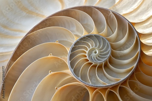 Intricate Nautilus Shell: A mesmerizing spiral of creamy chambers, revealing nature's geometry and elegance.