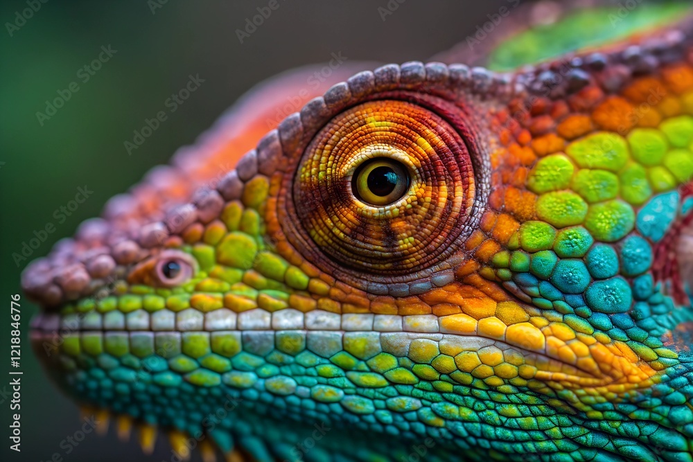 Fototapeta premium Vibrant Chameleon Eye: A mesmerizing close-up revealing intricate scales and vivid colors.