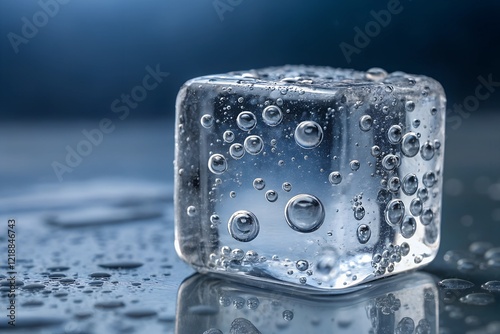 Intriguing ice cube: Crystal-clear, trapped air bubbles, glistening surface. A captivating macro shot!