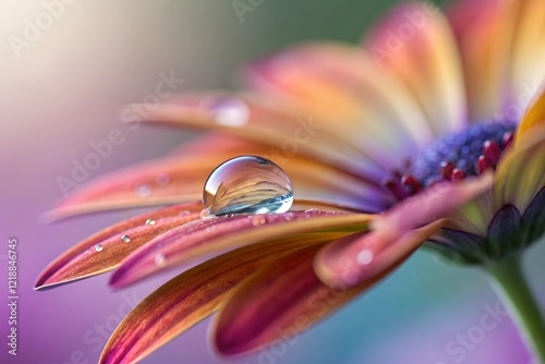 A glistening dewdrop clings to a vibrant flower petal, reflecting nature's beauty.  A moment of serenity.