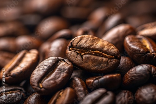 Roasted coffee beans, rich brown hues, close-up texture, aromatic, intense depth, captivating detail.