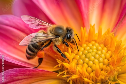 Honeybee's pollen dance: A vibrant macro shot of nature's intricate beauty, capturing a bee meticulously collecting pollen from a bright flower.