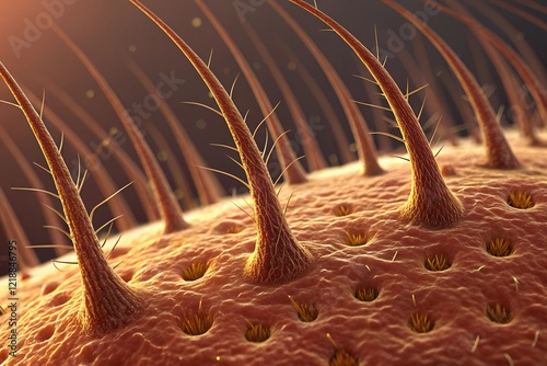 Microscopic view of human skin: Pores, follicles, and hair shafts. Intricate details of human biology revealed.