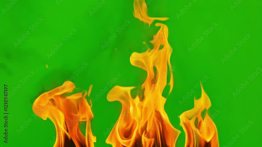 Bursts of fire rise and fall creating dynamic shapes. Green screen chromakey.