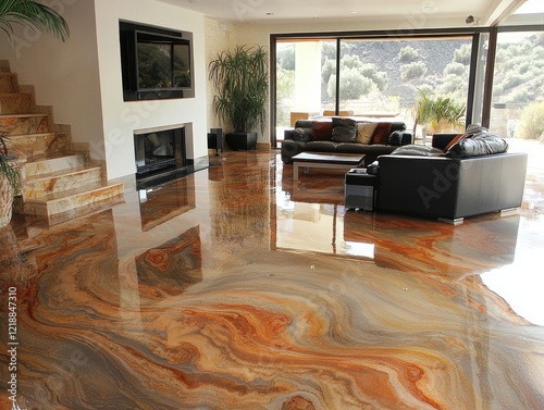 A spacious luxury living room with epoxy resin flooring resembling marble, creating a sophisticated look.