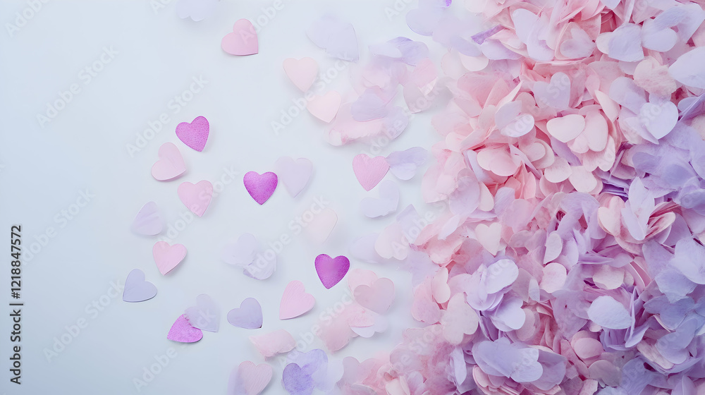 Fototapeta premium A flat-lay of Valentines-themed confetti in heart shapes scattered across a white surface,