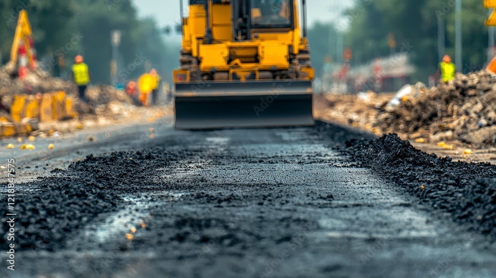 Heavy Machinery Working on Road Construction with Fresh Asphalt Layer Heavy Machinery Working on Road Construction with Fresh Asphalt Layer