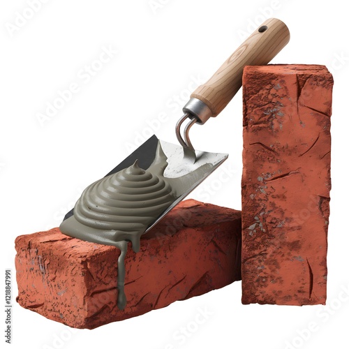 Masonry Tools: Trowel with Wet Mortar and Red Bricks.