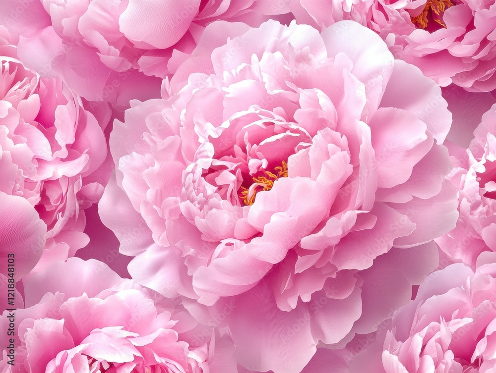 A Seamless Pattern of Pink Peonies with Yellow Centers and Green Leaves on a Green Background A Seamless Pattern of Pink Peonies with Yellow Centers and Green Leaves on a Green Background