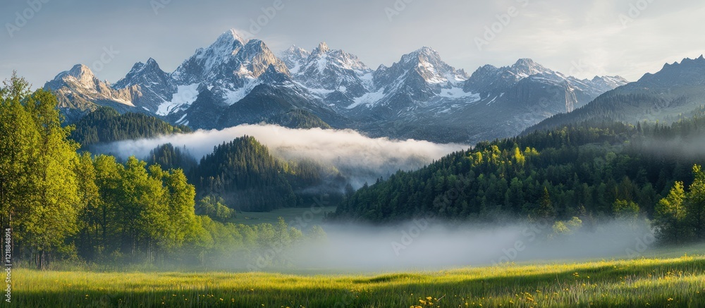 Fototapeta premium Alpine sunrise mist meadow
