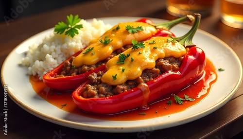A festive presentation of Rocoto Relleno served family style on a large platter
