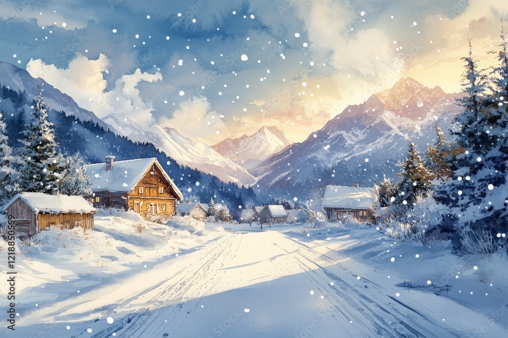 Fototapeta premium Snowy mountain village in winter showcasing quaint cabins under a vibrant sky and gently falling snowflakes