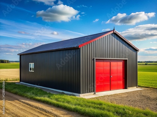 Wallpaper Mural Black Metal Garage, Red Door, Farmland, Copy Space Torontodigital.ca