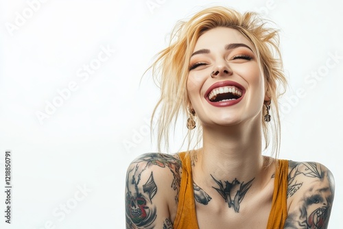 Vibrant tattoo artist banner  showcasing a joyful woman with heavy metal inspired ink designs photo