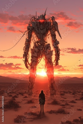Giant Robot Sunset Silhouette Girl Desert Landscape