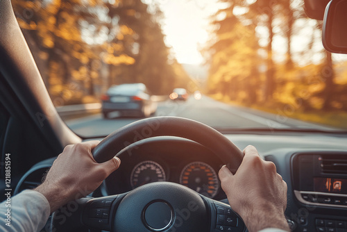 Hands of car driver on steering wheel while driving through vibrant autumn foliage, enjoying scenic view ahead 