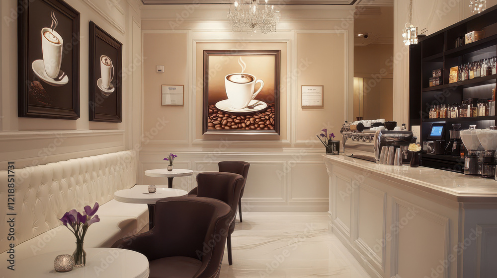 Fototapeta premium Elegant Coffee Shop Interior: A charming and sophisticated coffee shop interior featuring a classic white and beige color palette, with comfortable seating and stylish accents.