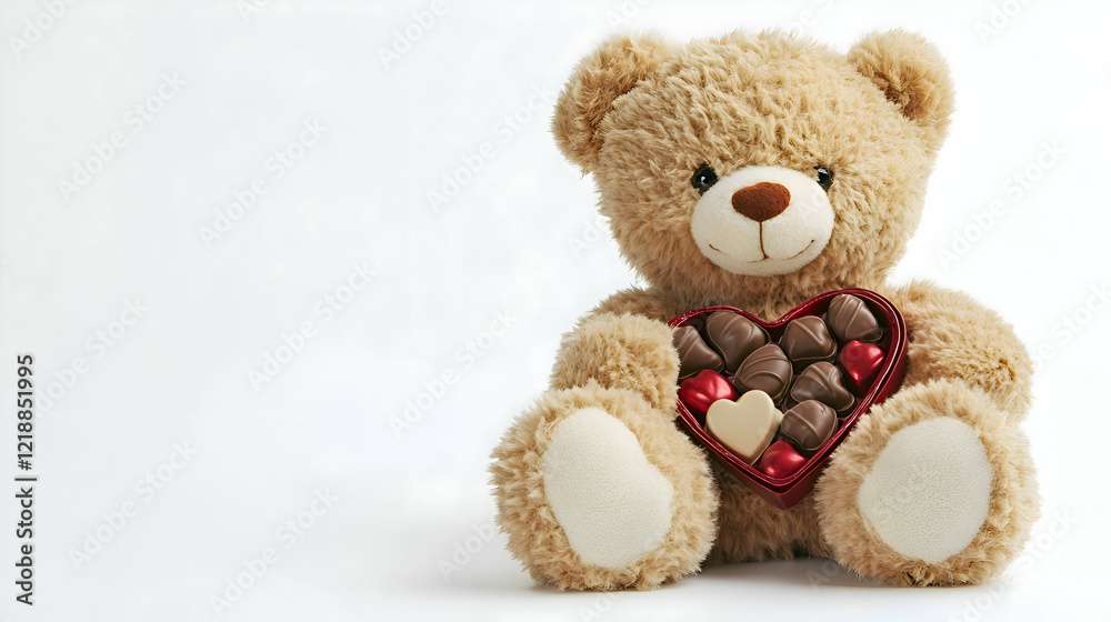 A fluffy teddy bear holding a heart-shaped box of chocolates, sitting on a clean white surface A fluffy teddy bear holding a heart-shaped box of chocolates, sitting on a clean white surface