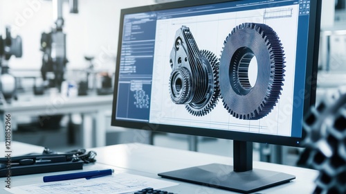 Computer monitor with a 3D model of gears on the screen.