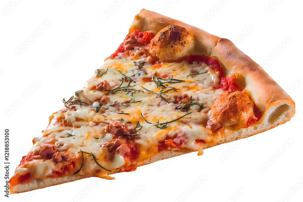 Pizza Slice with Melted Cheese and Basil.