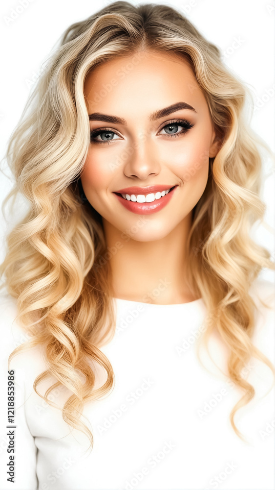 Charming young blonde model with beautiful smile and wave hair close-up on white background. Charming young blonde model with beautiful smile and wave hair close-up on white background.
