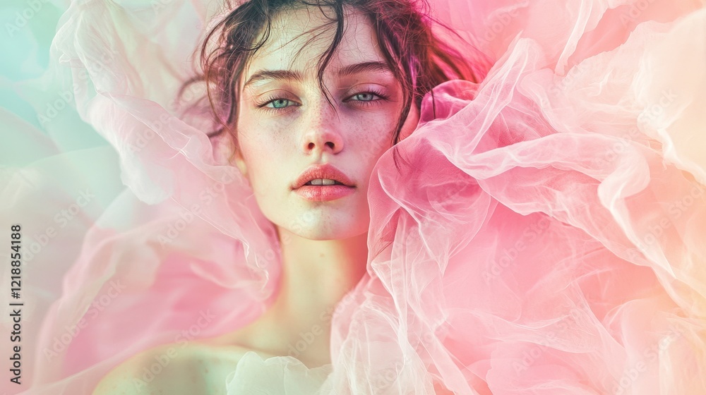 Ethereal Beauty Portrait with Delicate Fabric in Soft Pastel Colors Ethereal Beauty Portrait with Delicate Fabric in Soft Pastel Colors