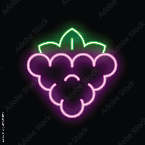 Neon blackberry glowing on dark background, great for healthy food restaurant, vegan nightlife, organic shop logo