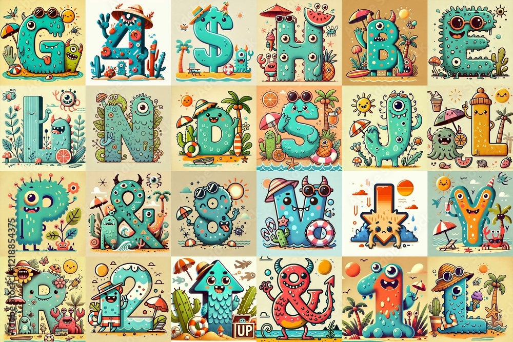 Obraz premium Cartoon Summer season Monsters Lettering Typeface. AI generated illustration