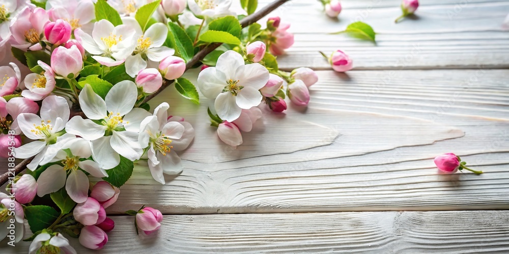 Blooming Apple Blossoms on White Wood - Spring Background Blooming Apple Blossoms on White Wood - Spring Background