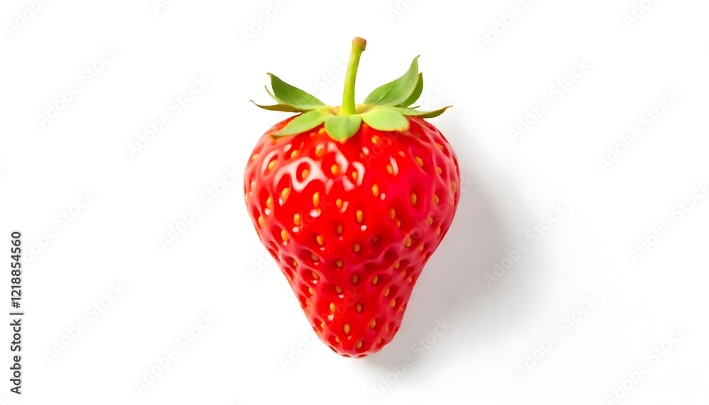 Close-up of a ripe red strawberry with green leaves against a white background