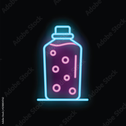 Neon sign illustrating a soda bottle with bubbles on black background