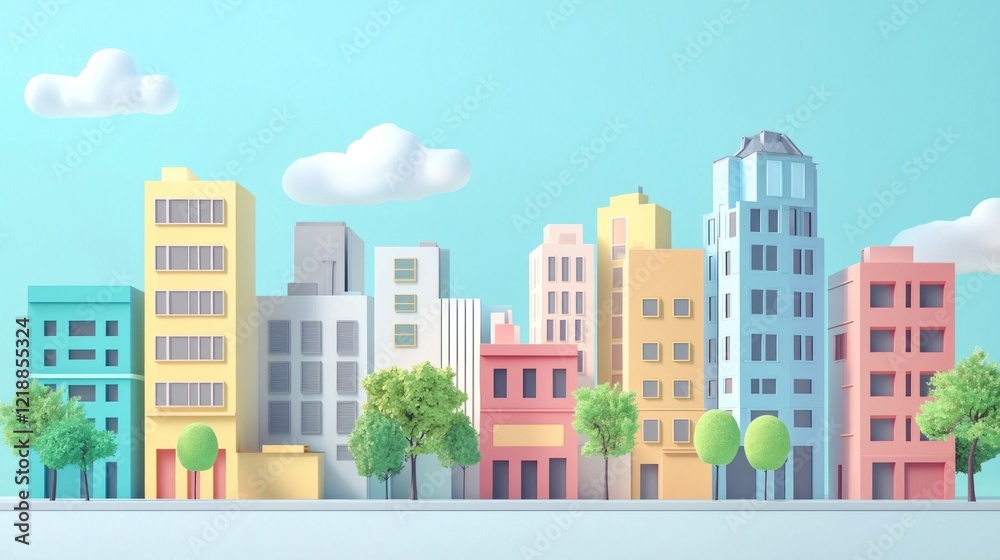 Fototapeta premium Colorful Urban Landscape with Trees and Clouds in Minimalist Style