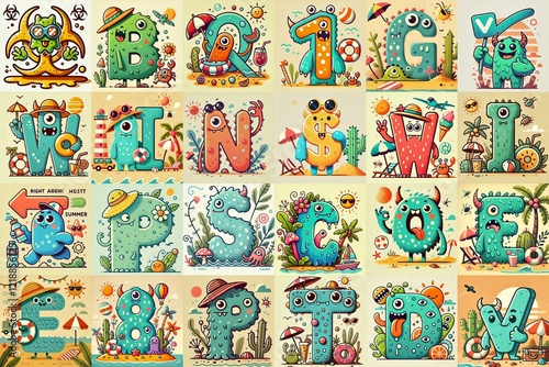 Cartoon Summer season Monsters Lettering Typeface. AI generated illustration
