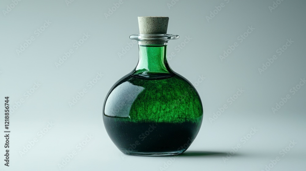 Green Glass Bottle with Liquid on Light Background for Stock Photography Green Glass Bottle with Liquid on Light Background for Stock Photography