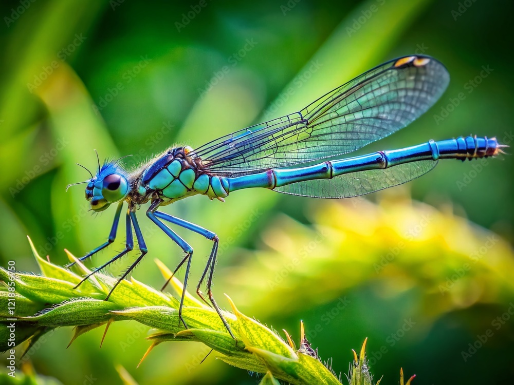 Blue Damselfly on Plant Stem - High Depth of Field Blue Damselfly on Plant Stem - High Depth of Field