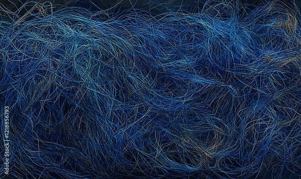 Fototapeta premium Abstract blue fiber art, tangled threads background texture. Perfect for design projects needing a unique, moody backdrop.