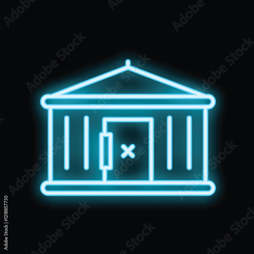Neon sign of a closed building glowing blue against a black background