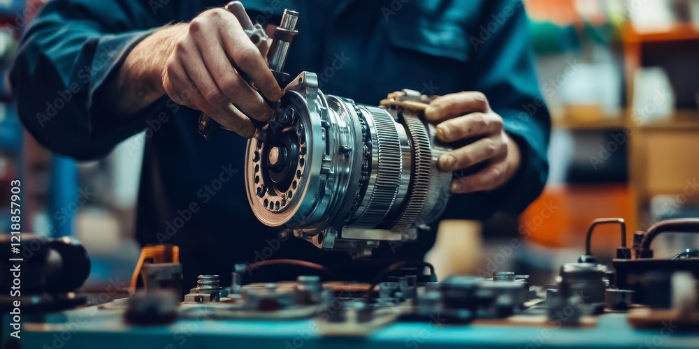 Expert Repairer Assembling Electric Motor Components for Machinery, Generative AI Expert Repairer Assembling Electric Motor Components for Machinery, Generative AI