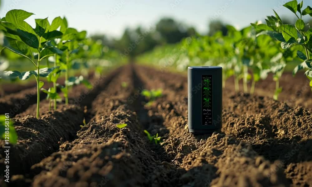 Modern soil sensor device measuring crop health in lush green agricultural field at sunrise