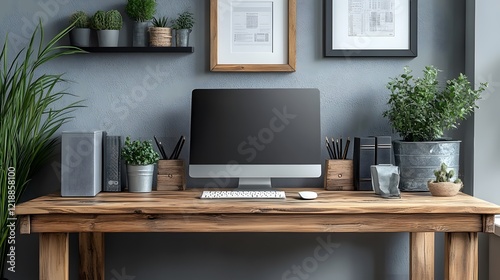 Wallpaper Mural Desk with blank frames, minimalist plant decor, seamless neutral background, open design layout, 3d illustration Torontodigital.ca