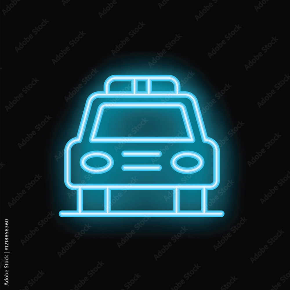 Blue neon icon of a police car glowing on a black background Blue neon icon of a police car glowing on a black background