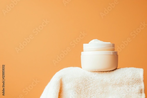 A close-up of a cream jar on a towel against a vibrant orange background. photo