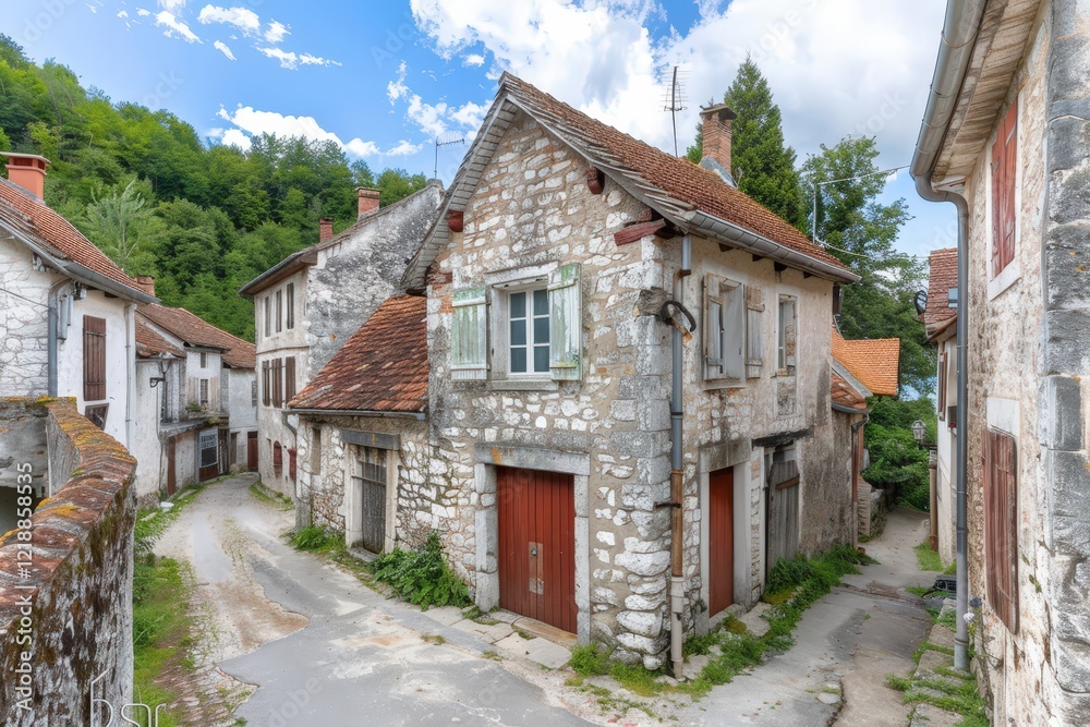 A charming stone house with red-tiled roofs nestled in a quaint village, surrounded by greenery and a scenic sky. A charming stone house with red-tiled roofs nestled in a quaint village, surrounded by greenery and a scenic sky.
