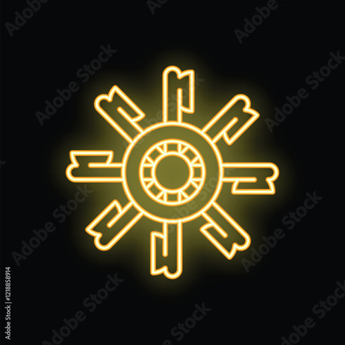 Glowing neon line dharma wheel icon isolated on black background