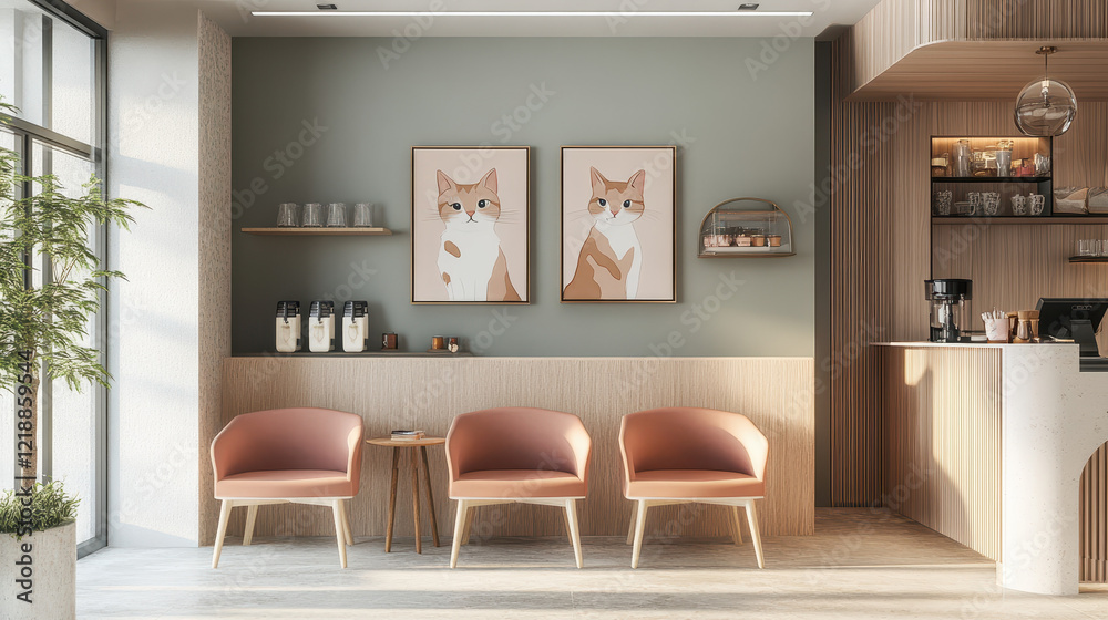 Fototapeta premium Cozy Cat Cafe Interior: A modern and inviting cat cafe interior, featuring a wall adorned with two minimalist art prints of adorable cats.