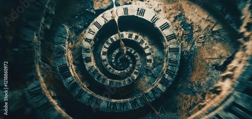 Clock with roman numerals is shown in a spiral shape photo